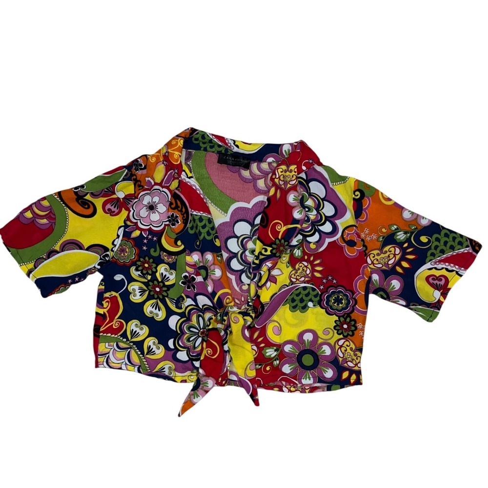 Zara Accessories Womens XS Floral Paisley Tie Front Crop Top Retro Multi-Color